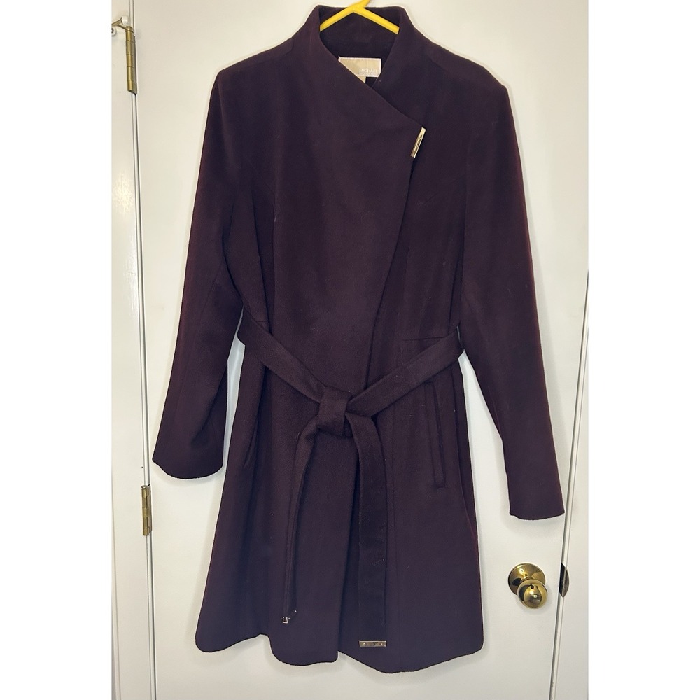 Michael Kors Burgundy Plum Belted Wool Blend Coat Jacket Solid Womens XL